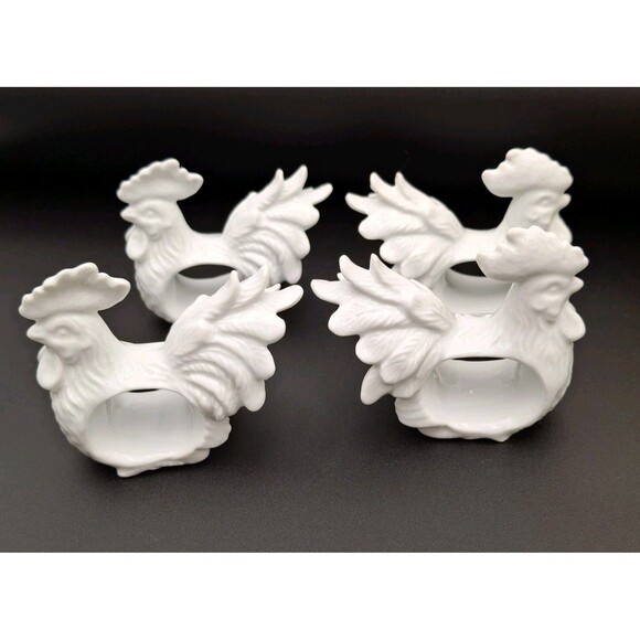 Unique Rooster Large Comb Large Plummage Napkin Rings White Porcelain Set Of 4 - Picture 2 of 13